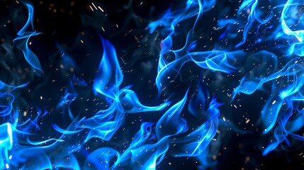 Wall Mural - The blue fire sparks overlay effect has a magic glow, luminous flying particles, and realistic 3D modern illustration. Abstract random energy embers in air, flares haze leaks texture, shines, and