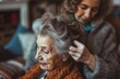 A tender moment captured as a middle-aged woman gently styles the hair of her elderly mother, showcasing love and care in a cozy home setting.