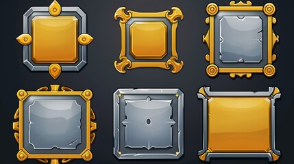 Poster - Set of square golden and silver UI game frames with cast metal decoration. Modern illustration of vintage yellow and grey borders isolated on white background.