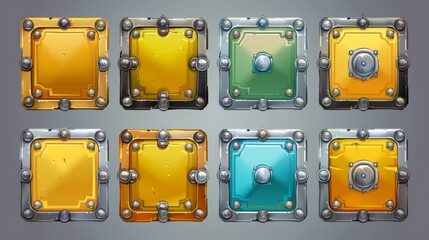 Poster - This set of gold and silver UI game frames features cast metal decoration. Modern illustration of shiny yellow and grey vintage borders isolated on white background. Medieval style gui elements for