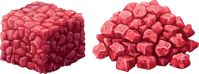Poster - Cartoon mince. Ground meat minced pork red beefraw diced raw beef closeup, chopped cube lamb product uncooked forcemeat from grinder