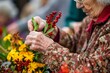 Close-up view of an elderly woman's hands as she arranges a vibrant bouquet of yellow flowers and red berries, evoking a sense of care and tranquility in an outdoor setting.