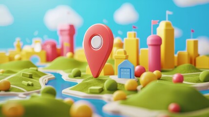 Poster - 3D location map pins, GPS pointer markers. Geolocation and navigation icon for mobile applications and web design, travel infographic elements, PowerPoint template, Illustration in 3D.