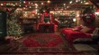 Imagine a cheerful scene as the family decorates the basement room for the holidays, with lights and ornaments adorning the