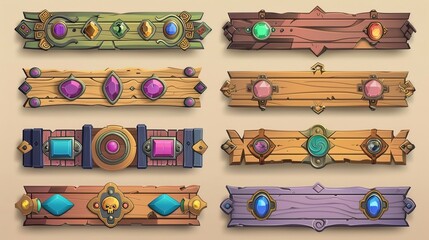 Wall Mural - An inventory of wooden game banners, medieval UI menu elements, buttons with ornate rims and gems, prepared for your game. A set of wood gui bar or planks for your RPG. A set of animated cartoon 3d