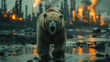 a polar bear walking across the artic tundra, oil refinery on fire in the background,generative ai