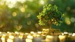 The image shows a small tree growing on a stack of gold bars. The tree is green and lush, and the gold bars are shiny and new. The background is a blur of green and gold, and the overall effect is one