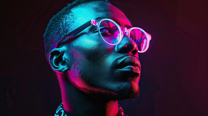 Retro wave portrait of a young happy serious African man. High Fashion male model in colorful bright neon lights posing on black background