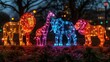 Arrange a neon showcase of safari symbols, including illuminated lions
