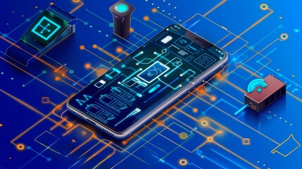 Poster - a smartphone with a circuit board and a circuit board on it, the smartphone is on a blue background