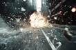 An intense image capturing a dramatic explosion in an urban setting, with debris flying and a blur of motion creating a sense of emergency and chaos.
