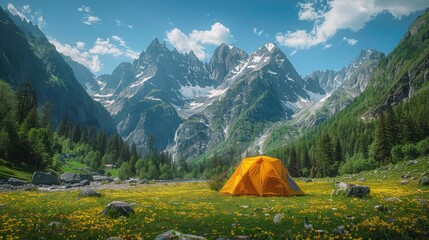 Wall Mural - A yellow tent is set up in a grassy field with mountains in the background. The scene is peaceful and serene, with the tent providing a cozy shelter for someone to rest