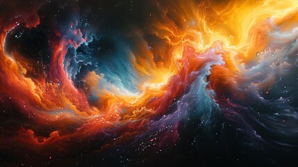 Show the dramatic and powerful merging of two galaxies, using a vivid and dynamic abstract composition to convey the enormity of the event.