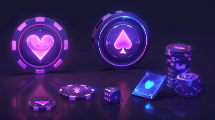 Wall Mural - Isolated set of realistic casino chips and ace cards. Modern illustration with neon colored gambling items turning around. Online betting app design elements. Animation spread sheet.