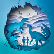 Paper cut happy family silhouette enjoying rest at dinosaurs park. Artificial prehistoric environment amusement attraction