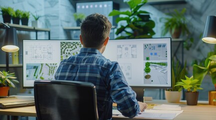 A young male architect is using computer architectural design software to create blueprints for a construction project in a modern office