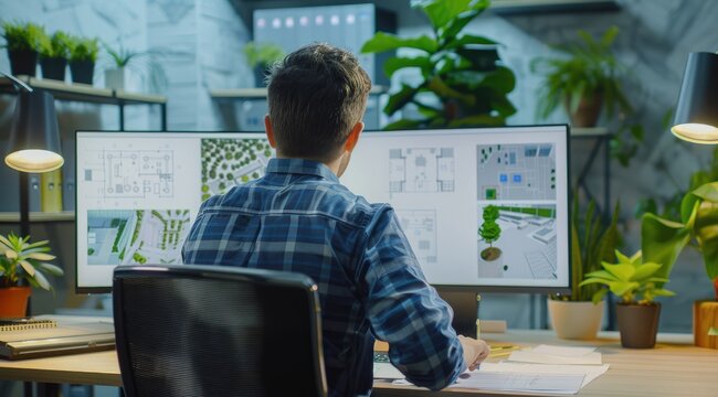 a young male architect is using computer architectural design software to create blueprints for a co