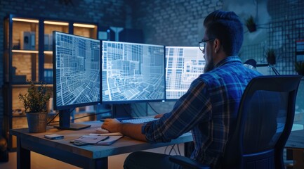 Wall Mural - A young male architect is using computer architectural design software to create blueprints for a construction project in a modern office