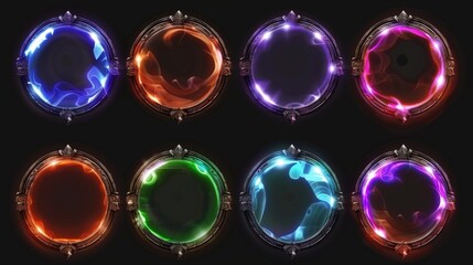 Poster - Fantasy circle avatar game frame with smoke UI. Illustration of medieval metal border in red, purple, blue, and green. Different empty glowing metallic menu interface rim badge asset collection.
