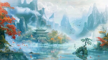 Wall Mural - Chinese style landscape painting, mountains and water with clouds in the background