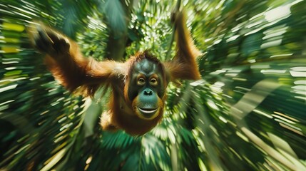 Wall Mural - Bornean Orangutan Swinging Through Tropical Rainforest