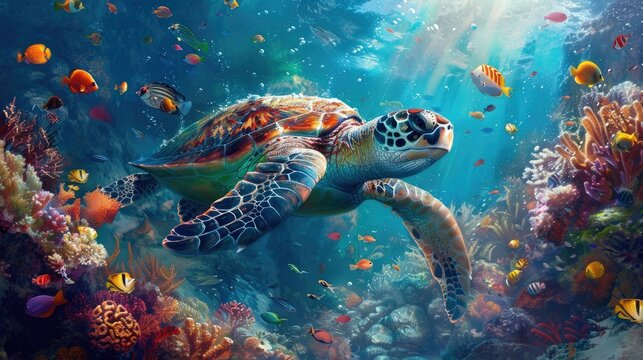 turtle with Colorful tropical fish and animal sea life in the coral reef