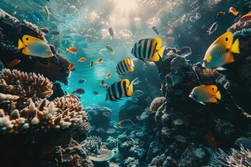 Wall Mural - Tropical sea underwater fishes on coral reef. Aquarium oceanarium wildlife colorful marine panorama landscape nature snorkel diving ,coral reef and fishes	