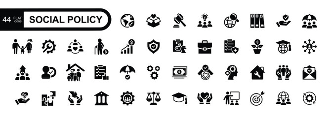  Social policy flat icons, security, government, welfare, protection, family, vector illustration.