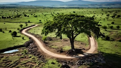 Canvas Print - Landscape of Tanzania. Winding causeway around a beautiful tree.Aerial drone view. Slow motion. Beautiful view. 