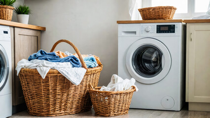 Modern laundry room interior. Full natural wicker basket with dirty clothes is on floor in front of washing machine. Domestic Life Household Chores. Washing concept. Place for text. Copy space.