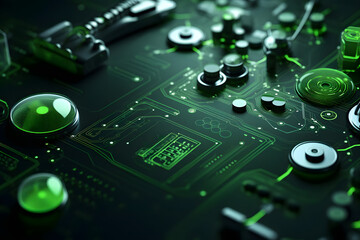 Biomedical Engineering Interface with Green and Gray Medical Devices on Dark Background