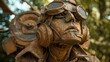 Craft a clay sculpture of a robotic aviator from a unique low angle, set against a backdrop of an enchanting surreal wilderness, emphasizing texture and form to create a striking visual contrast in th