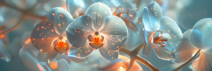 Poster - 3D rendering, white orchid flowers with glowing light effects on the petals, background of blurred blue and orange tones, fantasy style, bokeh effect, high resolution photography, cinematic lighting, 