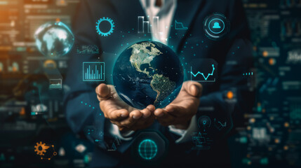 A man is holding a globe in his hand. The globe is surrounded by a lot of numbers and graphs. Concept of the importance of understanding the world and its many interconnected systems