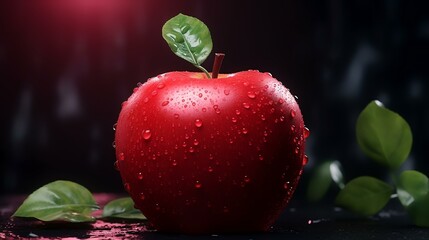 Wall Mural - Red apple with water drops on a black background with green leaves.