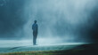 © Varunee - Silhouetted golfer standing with club on a misty golf course and contemplating a serene, foggy landscape. Generative AI