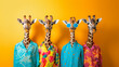 © MariКа - giraffes in colorful glasses and clothes. giraffes in a group, vibrant bright fashionable outfits on yellow background. Creative giraffes birthday concept.