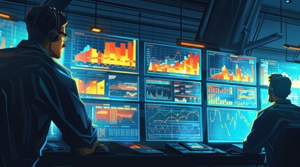 Wall Mural - Two men are sitting in front of computer monitors with graphs