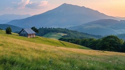 Wall Mural - Small wooden house in the mountains at sunset