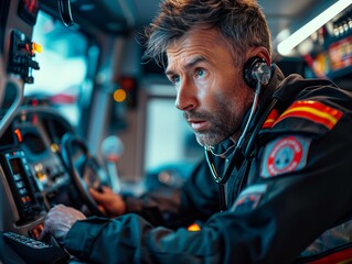 Wall Mural - Portrait of a male firefighter wearing a headset and looking away