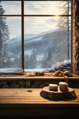 Canvas Print - Scenic view of snow-covered mountain landscape seen through a wooden cabin window