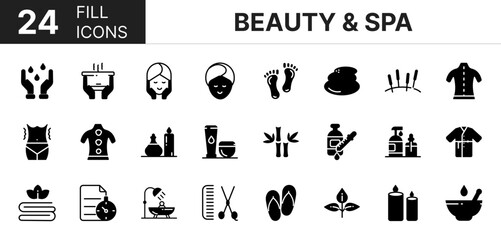 Collection of 24 Beauty & Spa fill icons featuring editable strokes. These outline icons depict various modes of Beauty & Spa. Therapy, face, solarium, set, 