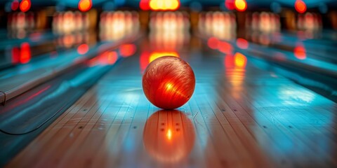 Red bowling ball on the lane with blurred background