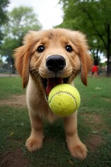 A cute golden retriever puppy holds a tennis ball in its mouth