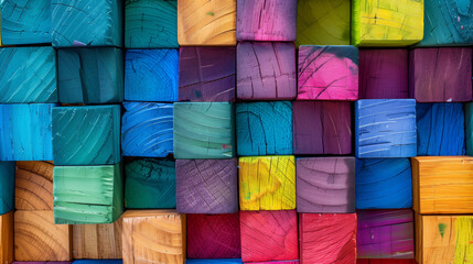 Poster - colorful wooden block puzzle with a rainbow of colors. The blocks are arranged in a way that creates a unique design. Concept of creativity and playfulness. Colorful stack of wood cube building blocks