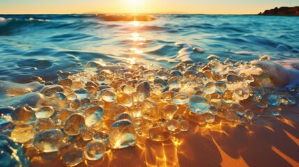 Wall Mural - Close-up of wet beach pebbles with blurred ocean and sunset in background