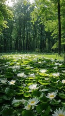 Wall Mural - White Water Lilies in a Forest Pond