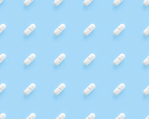 white medicine pills flat lay seamless pattern. endless texture for web, decoration, covers, pharmac