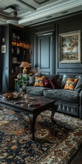 Wall Mural - Dark Academia aesthetic living room with vintage furniture and oriental rug