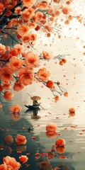 Wall Mural - A boat floating on a lake surrounded by cherry blossoms